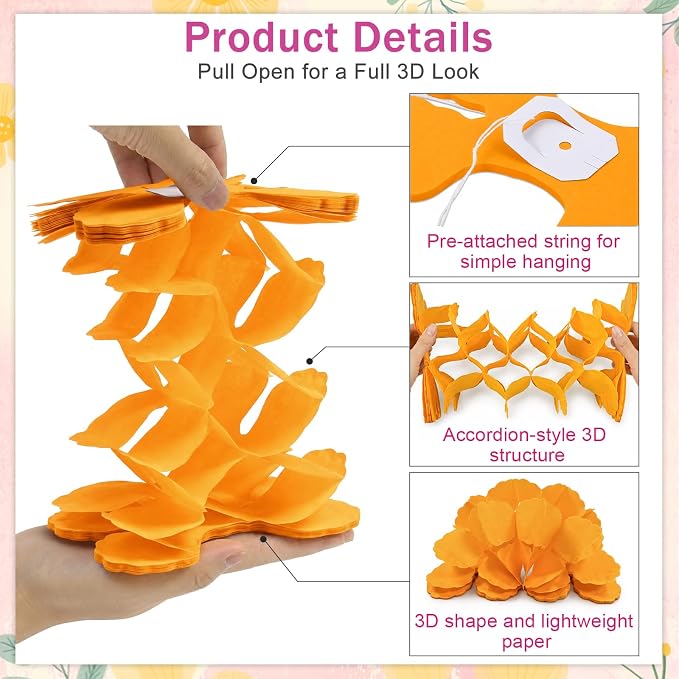 Hot Pink and Orange Party Decorations, 12Pcs 4-Leaf Paper Streamers | Paper streamer garlands for sunset parties, citrus spritz themes, birthdays, weddings, baby showers and bachelorette parties