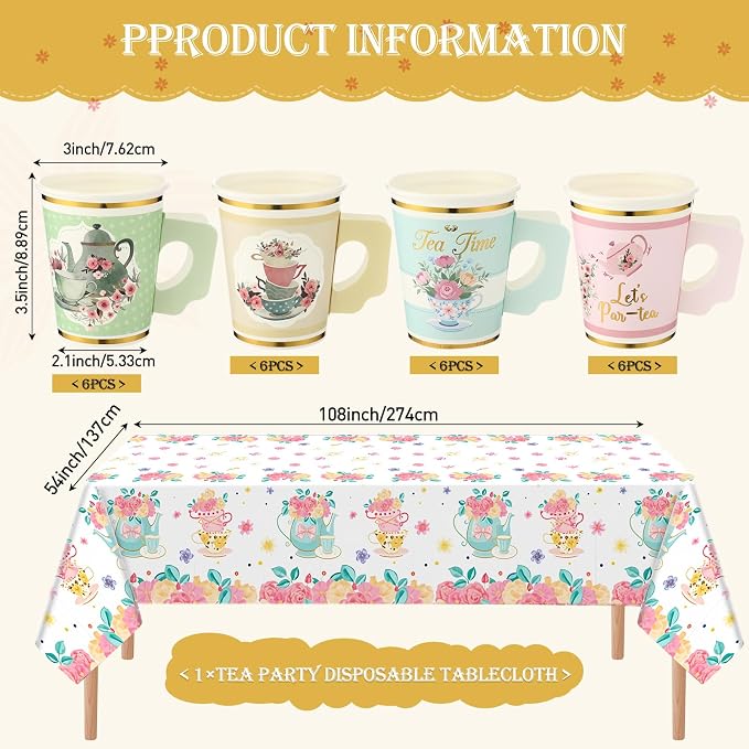 Yungyan 97 Pcs 24 Guests Tea Birthday Party Supplies Disposable Tableware Set 9 oz Paper Cups with Handle 7" 9" Paper Plate Napkin Tablecloth for Party Wedding Baby Shower (Elegant Style)