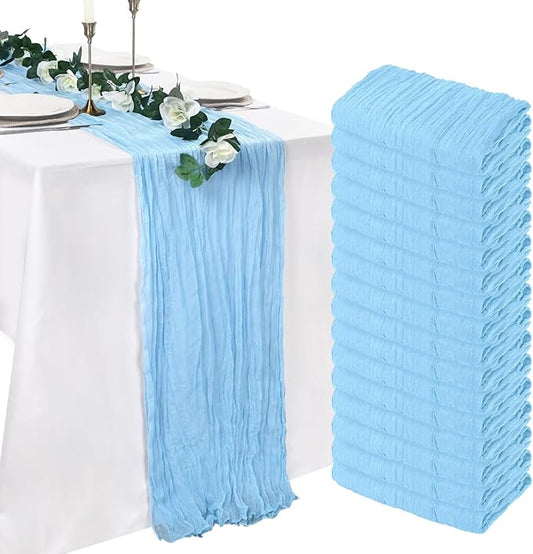 16 Pack Baby Blue Cheesecloth Table Runner 10ft Boho Gauze Fabric 120 Inch Cheese Cloth Table Runner Rustic Sheer for Holiday Baby Shower Party Décor Home Wedding Decoration