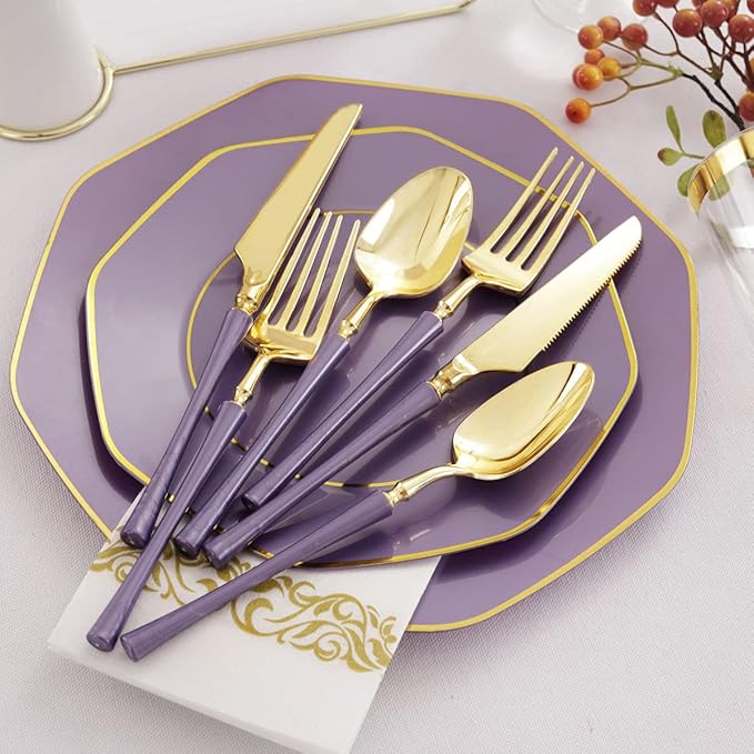 KIRE 140Pcs Purple Plastic Plates with Gold Rim& Gold Disposable Plastic Silverware with Handle&Clear Cups&Hand Napkin- Geometric Purple Plastic Plates for Parties/Wedding