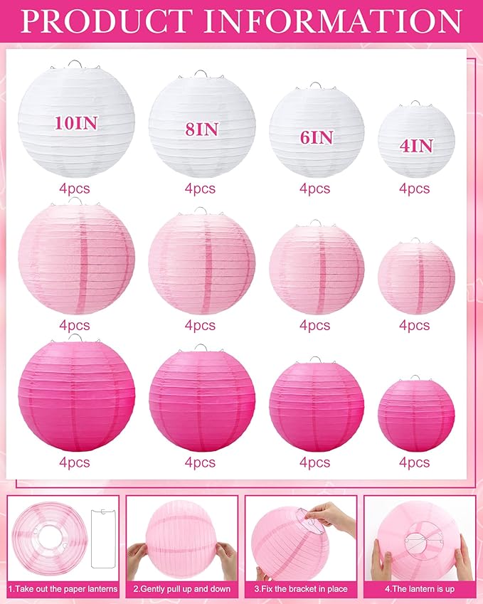 Treela 48 Pcs Paper Lanterns Party Decorations Chinese Round Paper Decor 4/6/8/10 Inch Asian Hanging Lamps Decorative for Birthday Party Wedding Bridal New Year Supplies(Pink,White)
