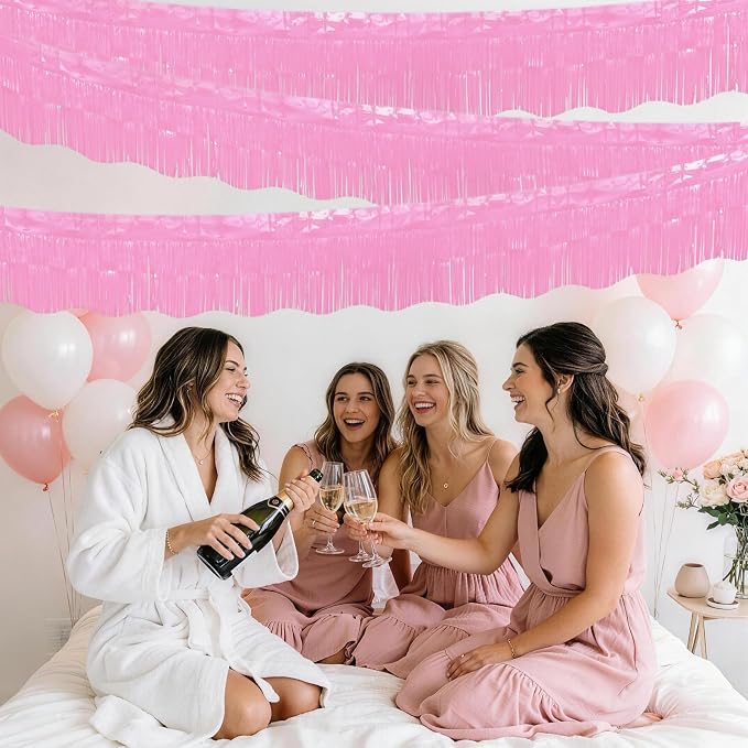 LOLStar Macaron Pink Foil Fringe Tinsel Garland Streamers Banner, 6 Pack | 60Ft Tinsel Streamers, Macaron Pink Tinsel Fringe Banners for Wedding, Gender Reveal, Bachelorette, Birthday Party Decor