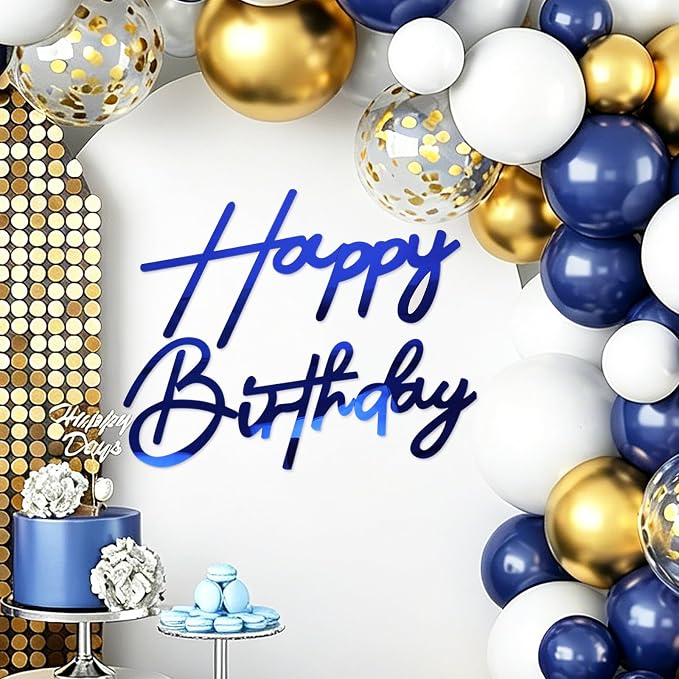 Happy Birthday Sign for Backdrop - Large Acrylic 'Happy Birthday' Mirror Sticker Sign for Birthday Balloon Arch Backdrop Party Wall Decor - Mirror Blue