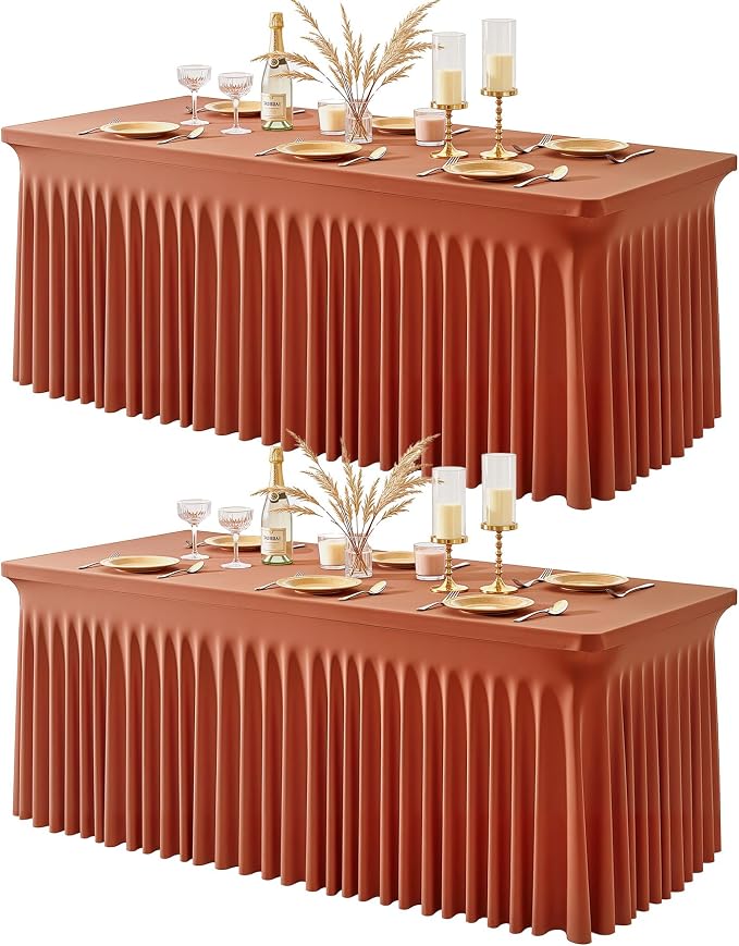 2 Packs Terracotta Spandex Tableclothes for 8 Foot Rectangle Tables, Wrinkle Free 8ft Fitted Table Cover Stretch Table Cloth Desk Skirt for Weddings Baby Shower Birthday Party Banquet Decorations