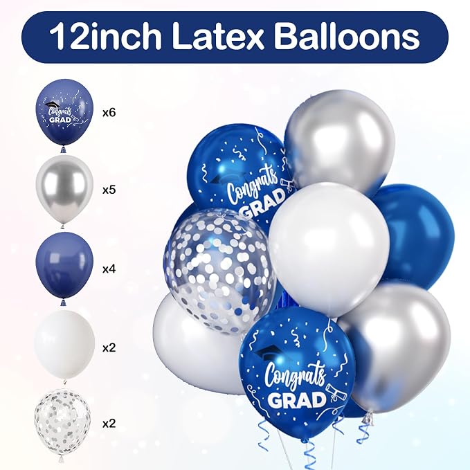 Graduation Party Decorations Pink, Congrats GRAD Banner Paper Pompoms Blue Fringe Curtain Backdrop Silver Star Foil Balloons Navy Blue Latex Balloon for Graduation Class of 2026 Decorations