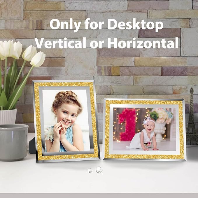 HIKWADERY 4x6 Picture Frames Gold - Set of 4, Sparkle Real Glass 4 by 6 Photo Frame with Silver Mirrored Edge, for Tabletop Display, Wedding Birthday Mothers Day Gifts (4 x 6, Glitter Gold)
