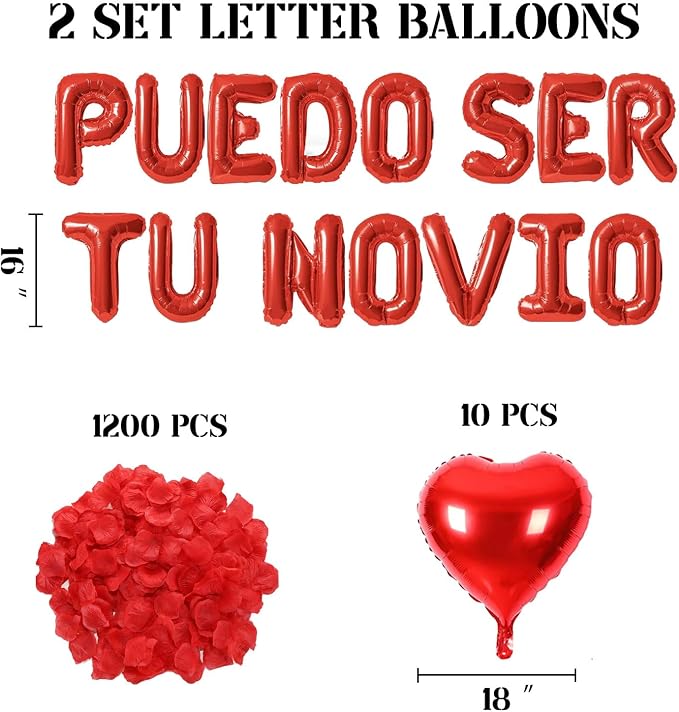 2 Set Red PUEDO SER TU NOVIO Balloons - 1200pcs Red Artificial Rose Petals 30pcs 16" Letter Balloon 10pcs 18" Heart Balloons Alphabet Foil Mylar Balloon for Valentines Day Decorations
