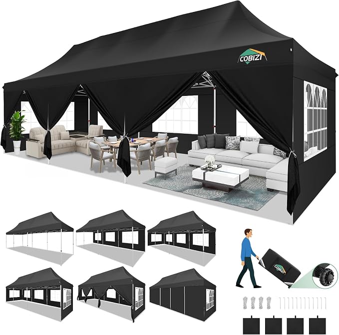 COBIZI Canopy Tent 10x30 Pop Up Canopy with 8 Removable Sidewalls Party Tents for Parties Wedding Patio Commercial Waterproof and UV50+ Ez Outdoor Instant Gazebo with Roller Bag & 4 Sandbags（Black）