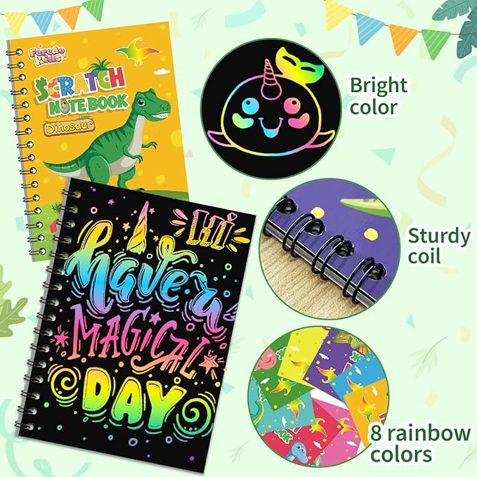 Scratch Art Party Favors for Kids 8-12: 24 Pack Dinosaur Rainbow Scratch Art Notebook, Easter Basket Stuffers, Coloring Books Goodie Bags Stuffers, Classroom Birthday Gifts for Student