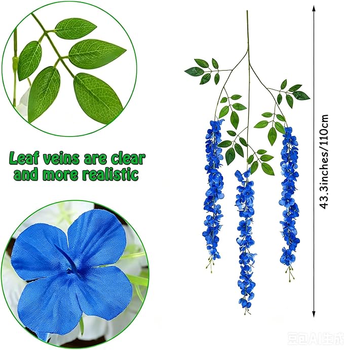 Artificial Wisteria Hanging Flowers Fake Wisteria Flower Garland Silk Vines Rattan Decor for Home Wedding Arch Wall Garden Greenery Bedroom Outdoor Office Party Decoration (48, Royal Blue)
