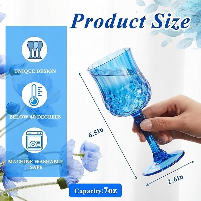 Pinkunn 50 Pcs 7 oz Plastic Vintage Wine Glasses Reusable Colored Goblets Patterned Drinking Water Glasses Cup Dishwasher Safe for Mother's Day Wedding Reception Party Supplies (Dark Blue)