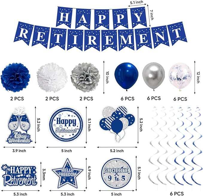 Retirement Party Decorations for Men Women Blue Silver Happy Retirement Banner Backdrop Balloons Paper Pompoms Honeycomb Centerpiece Cake Topper Hanging Swirl Set
