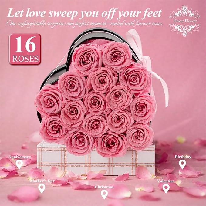 Forver Preserved Roses in a Box, Flowers for Her,Eternal Roses Preserved Flowers for Delivery Prime Birthday, Mothers' Day, Valentine's Day, Christmas (Pink, 16 Roses)