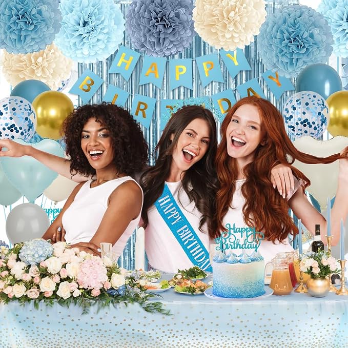 Blue Birthday Decorations Set, Blue Party Decoration Balloons with HAPPY BIRTHDAY Banner, Pom Poms, Fringe Curtain Background, Birthday Crown, Shoulder Strap for Boho Partys Girls Women Party Supplies