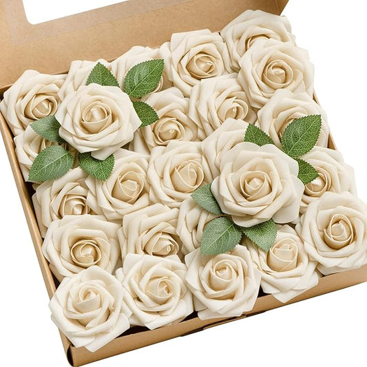Ling's moment Artificial Flowers 25Pcs Tawny Beige Roses Decor w/Stems,3" DIY Foam Floral for Wedding Bouquet/Centerpieces, Outdoors Party Backdrop, Room/Table, and Garden/Pot Decorations