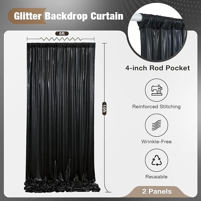 10x10FT Black Sequin Backdrop Curtain for Party - 2 Panels 5x10FT Wrinkle-Free Shimmer Drapes for Birthday, Wedding, Christmas, Decorations & Photography