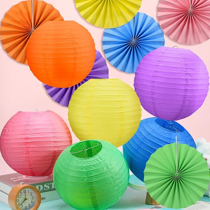 Flutesan 12 Pcs Illumination Neon Decorations for VBS Classroom Hanging Decor Neon Paper Lanterns and Paper Fans for Back to School Party Classroom Office Ceilings Decor Supplies