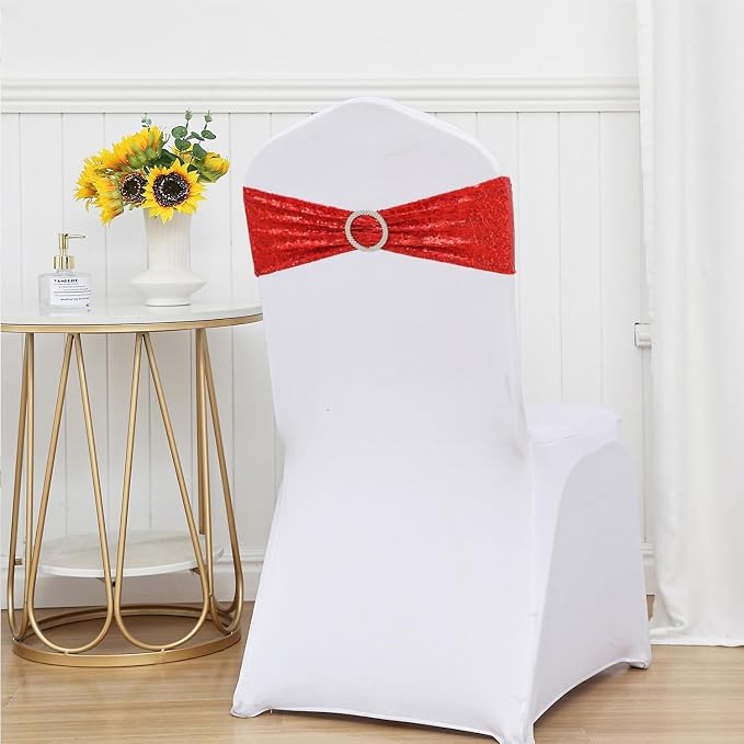 Full Sparkly Sequins Red Chair Sashes for Wedding Decor, Glitter Chair Bands with Buckles, Sequin Chair Bows for Party Ceremony Event Decorations - 100 Pack