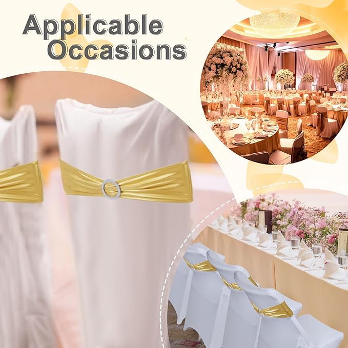 Preboun 50 Pack White Folding Chair Cover Set with 25 Spandex Chair Slipcovers 25 Sequin Chair Sashes Bow Washable Chair Protector Chair Cover for Party Wedding Banquet Event(White, Gold)