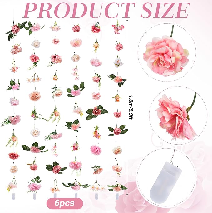 Suncalla 6 Pack 35.4ft Fake Flower Garland Backdrop with LED Lights Hanging Wildflower Floral Vine Decorations for Wedding Bridal Shower Birthday Baby Shower Party Backdrop(Bright,Pink)