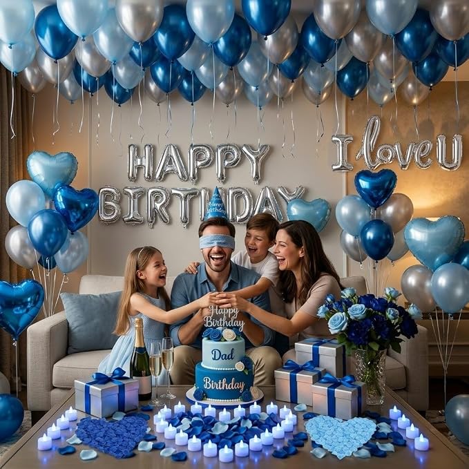 Blue Silver Birthday Decorations with LED Candles, Happy Birthday Balloons, Love Balloon, Rose Petals, Hotel Birthday Room Decorations for Men Women, Anniversary Surprise Decorations for Him Her