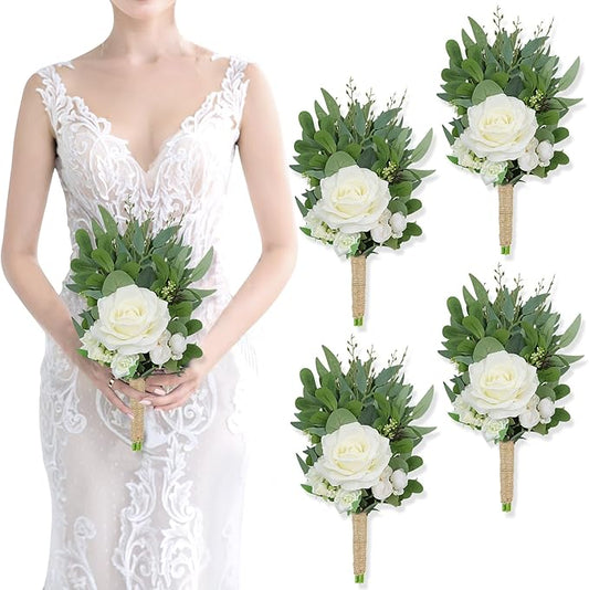 8 Inch Bridesmaid Bouquets Set of 4 - Ivory Artificial Flowers Greenery Bouquet for Wedding, Silk Small Floral Bouquet for Ceremony and Anniversary Marriage Proposal Centerpiece Decorations