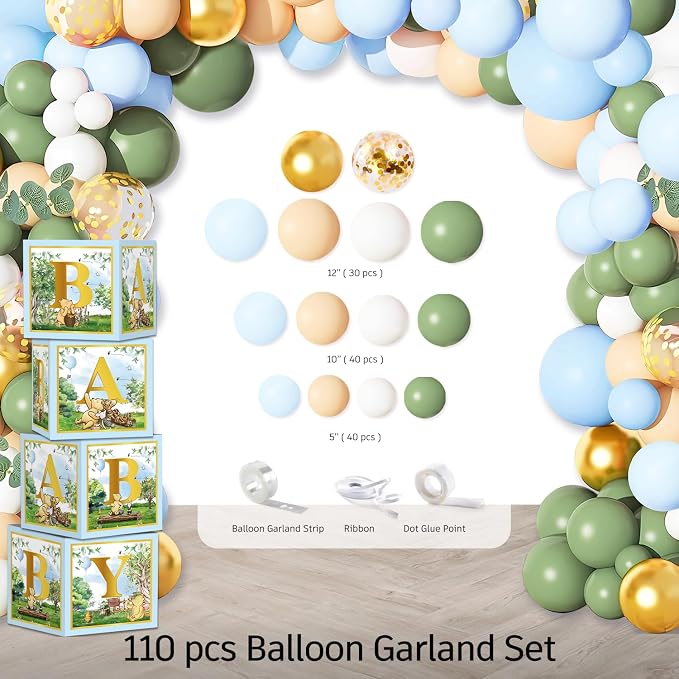 Classic Bear Baby Shower Decorations Boy, Blue Baby Shower Decorations Balloons and Baby Boxes, Backdrop, Dinnerware Set, Cake Toppers with Stand, Mom to Be Sash, Baby Shower Decor