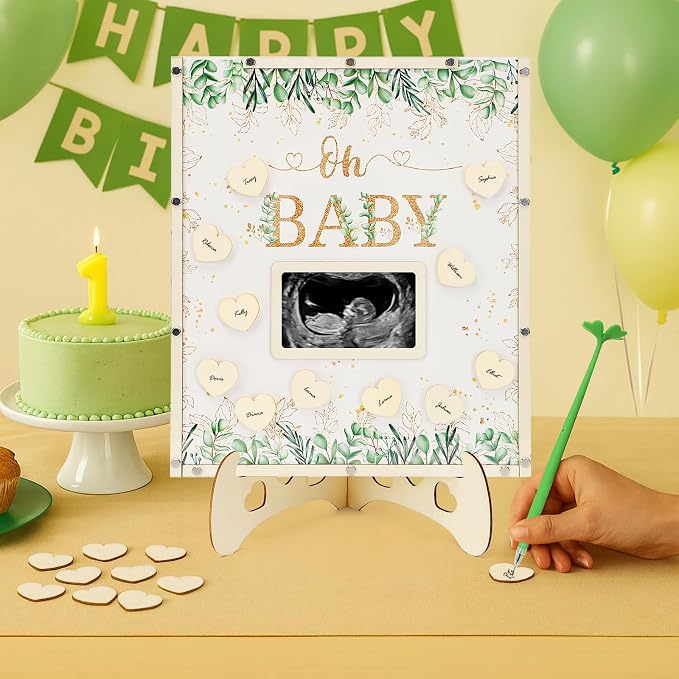Sage Green Baby Shower Decorations, Guest Book Alternatives with Four Leaf Clover Pen, 60 Heart Wood Slices for 60 Guests, Boy or Girl Gender Reveal Decorations
