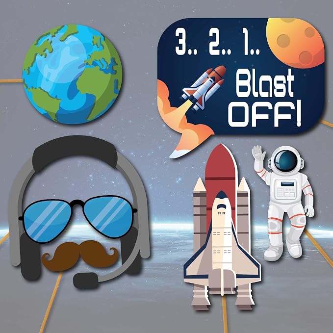 Space Photo Booth Props - 41-pc Photobooth Kit with 8 x 10-Inch Sign, 60 Adhesive Pads, 45 Sticks - Space Party Decor - Space Props - Out of This World Party Decorations