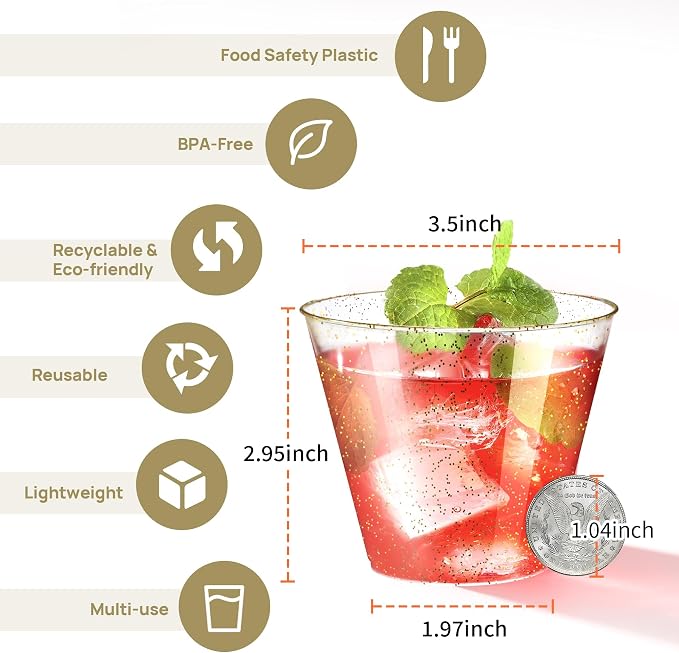 Byvivace [200 Pack] 9oz Plastic Cups with Gold Glitter Sturdy & Food Safe Plastic Wine Glasses Disposable Cups Party Wedding Cups Cocktail Glasses for Wine, Juice & Cold Beverages
