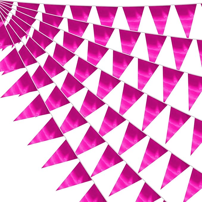 130FT Rose red Triangle Pennant Banner Flag Metallic Fabric Bunting Garland for Christmas Graduation Wedding Engagement Anniversary Bachelorette Birthday Bridal Shower Valentines Hen Party Supplies