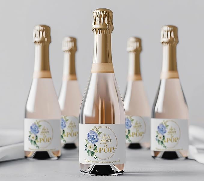 It’s a Boy Mini Champagne Bottle Labels ● SET of 12 ● She’s Ready To POP Baby Shower Favor Label, About to POP Thank You Favors, Blue Boy Baby Shower Gender Reveal Waterproof (Floral)