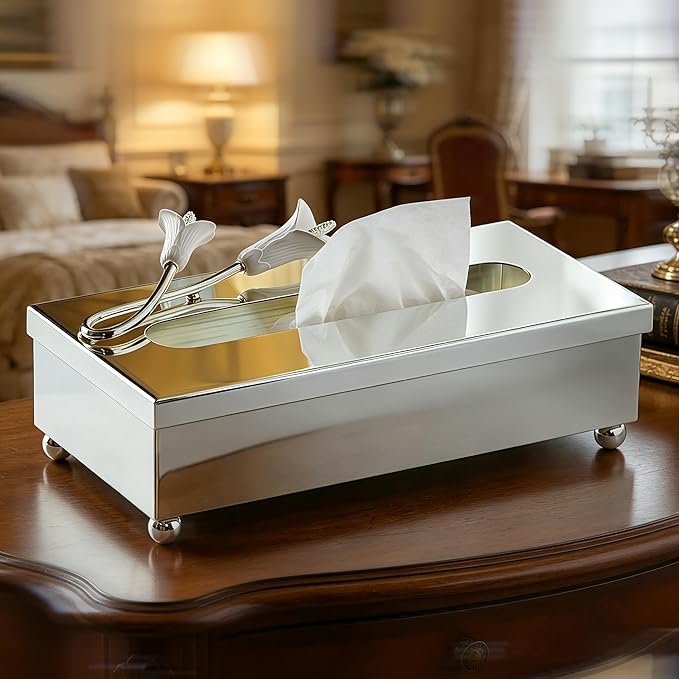 Silver Tissue Box Cover Rectangle，Guest Towel Holder Tray for Bathroom – Napkin Organizer for Disposable Paper Towels, Elegant Hand Towel Box for Powder Room,Luxurious Napkin Box for Dressing Room