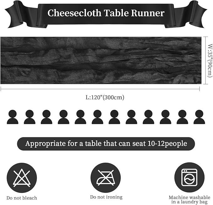 6 Pack Black Cheesecloth Table Runner 10FT Long Boho Gauze Table Runner Rustic Sheer Runner for Halloween Decoration Wedding Baby Shower Birthday Party Table Decor Home Easter Decorations