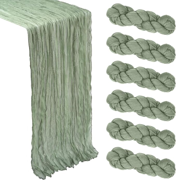 6 Pack Sage Green Cheesecloth Table Runner 10Ft Spring Gauze Cheese Cloth Table Runner 35x120 Inch Boho Sheer Rustic Fabric for Holiday Party Decor Baby Shower Wedding Home Decorations