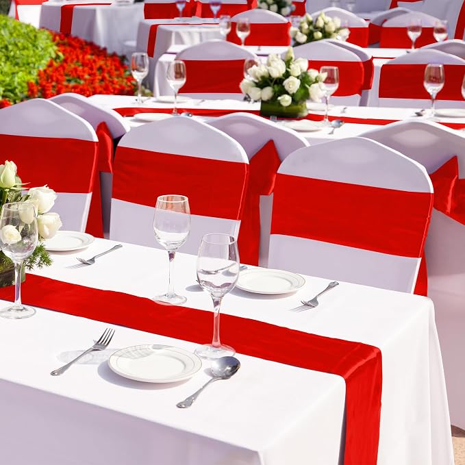 Aneco 16 Pack Satin Table Runner 12 x 108 Inch Red Long Wedding Satin Silk Table Runner for Wedding Banquet Graduations Birthday Party Decoration