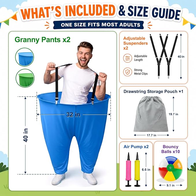 Granny Pants Yard Game for Adults and Kids, Big Pants Ball Catch Game with 2 Giant Pants, Balls, Pumps & Storage Bag, Outdoor Tossing Games for Birthday Party, Backyard Party, Family Reunion