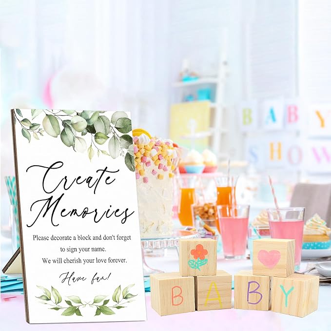 97 Pcs Baby Shower Games Sign Kit,Including Decorate a Block Game Sign 72 DIY Blank Wooden Block 24 Painting Pen to Draw Your Idea for Baby Shower Game Gender Reveal Party