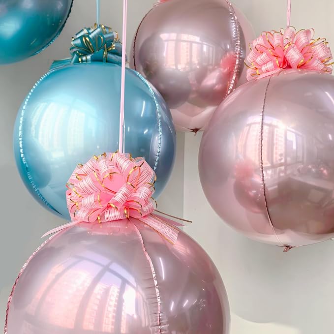 6 Pack Pink and Blue 4D Orb Balloons - 22 Inch Large Metallic Sphere Mylar Balloons with Pull Bows, Hanging Ceiling Decorations for Gender Reveal, Baby Shower & Baby Birthday Party
