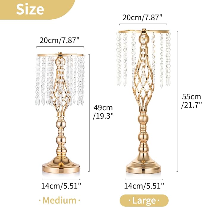 Nuptio 2 Pcs Crystal Flower Stand Wedding Centerpieces for Tables, 21.7in/55cm Tall Elegant Metal Flower Arrangement Stand, Tabletop Metal Flower Vase for Wedding Party Dinner Event Hotel Home Decor