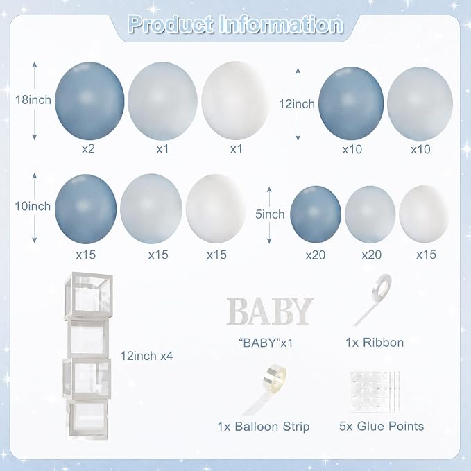 Dusty Blue Balloon Baby Shower Decorations for Boy, 132Pcs Blue Balloon Arch Garland Kit Baby Boxes with Letters for Boy Boho Baby Shower Gender Reveal Birthday Party Decorations