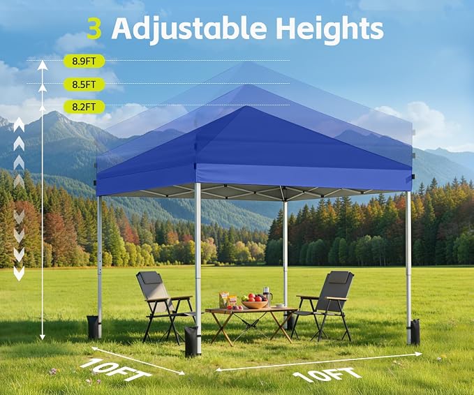 10x10 Pop Up Canopy Tent, Shade Canopy with Carry Bag, Center Lock One Push, 3 Adjustable Height, Outdoor Canopy Tents for Parties, Events & Camping - Blue