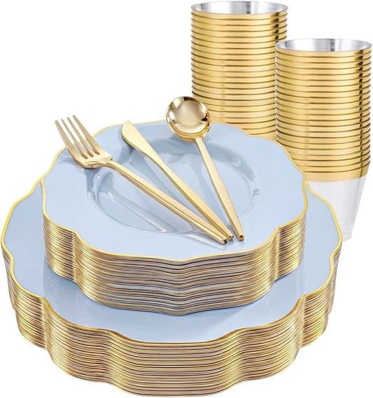 bUCLA 180PCS Blue Plastic Plates - Disposable Light Blue with Gold Rim - Include 30 Each (Dinner & Salad) Plates, 30 Knives, 30 Forks, 30 Spoons, 30 Cups for Party, Party, Birthday & Shower