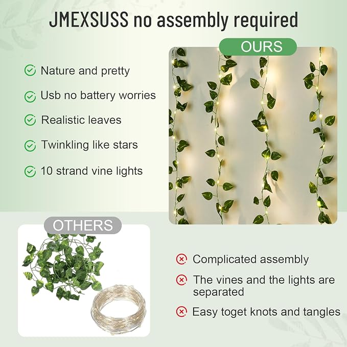 JMEXSUSS Vines Lights for Bedroom, 200 LED Vines Fairy Lights, Artificial Pothos Leaf Light for Wall Curtain Wedding Party Christmas Indoor Decor, 6.5ft x 6.5ft with Remote