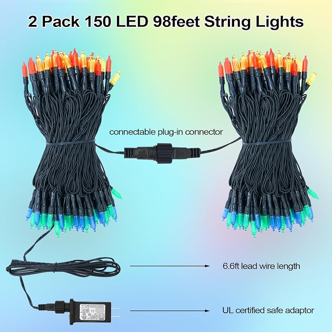 Christmas Lights - 98ft 2 Pack 150 Count Connectable Waterproof Led Fairy Lights Bulbs for Indoor Outdoor Christmas Tree Wedding Valentine's Day Decor (Multicolor, 150 Count - 2 Pack)