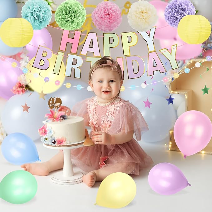 Pastel Rainbow Party Decorations 50Pcs Pastel Birthday Decorations for Girl | with Happy Birthday Banner Balloons Paper Pom Poms Lantern Hanging Swirls Garland Ribbon Macaron Theme Party Supplies