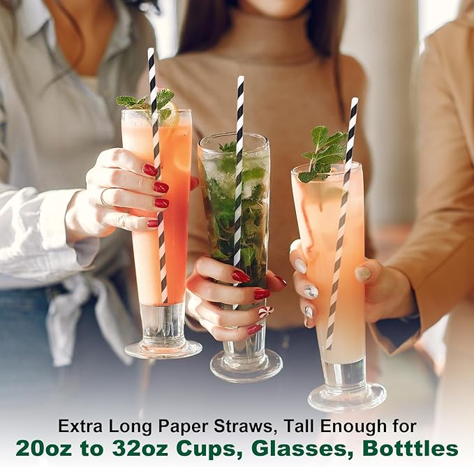 10.25" Long Disposable Paper Drinking Straws, 0.24" Diameter - Black/White Striped, Pack of 100