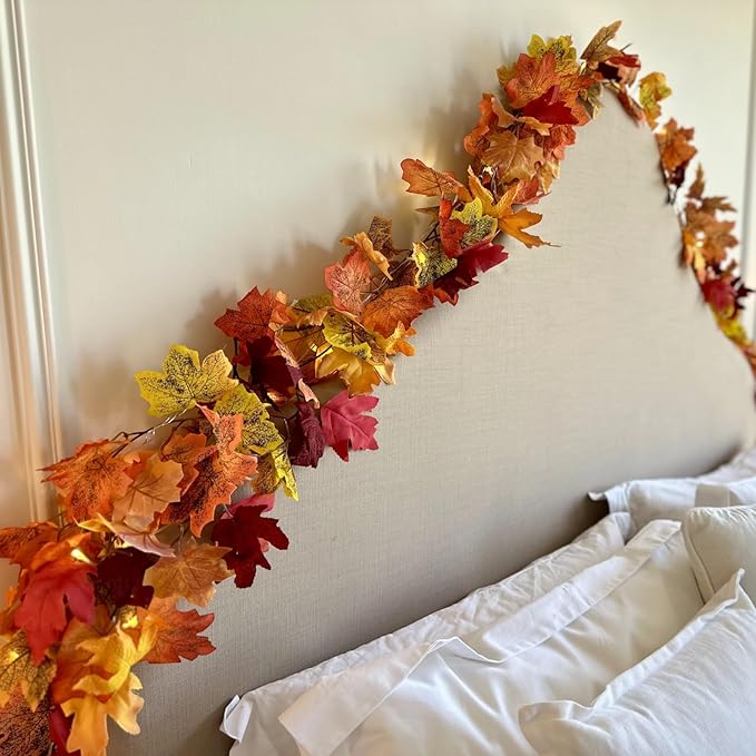 CQURE 12 Pack Fall Leaf Garland, 5.9Ft Artificial Maple Leaf Garland Fall Leaves Autumn Hanging Vines Maple Leaves Thanksgiving Decor for Home Wedding Fireplace Party