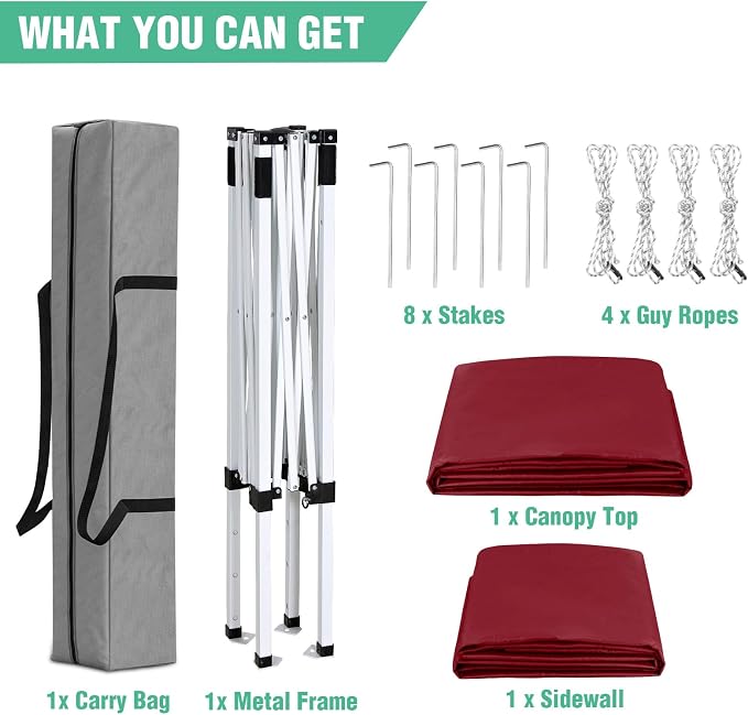 5x5 Pop Up Canopy Tent with One Sidewall, Instant Portable Beach Canopy, Outdoor Tent with Carry Bag for Camping, Sports, Tailgating, Events, Burgundy