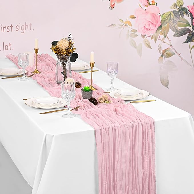 8 Pack Light Pink Cheesecloth Table Runner 120 Inch 10FT Spring Boho Rustic Sheer Gauze Cheese Cloth Table Runner for Wedding Baby Shower Birthday Party Table Decor